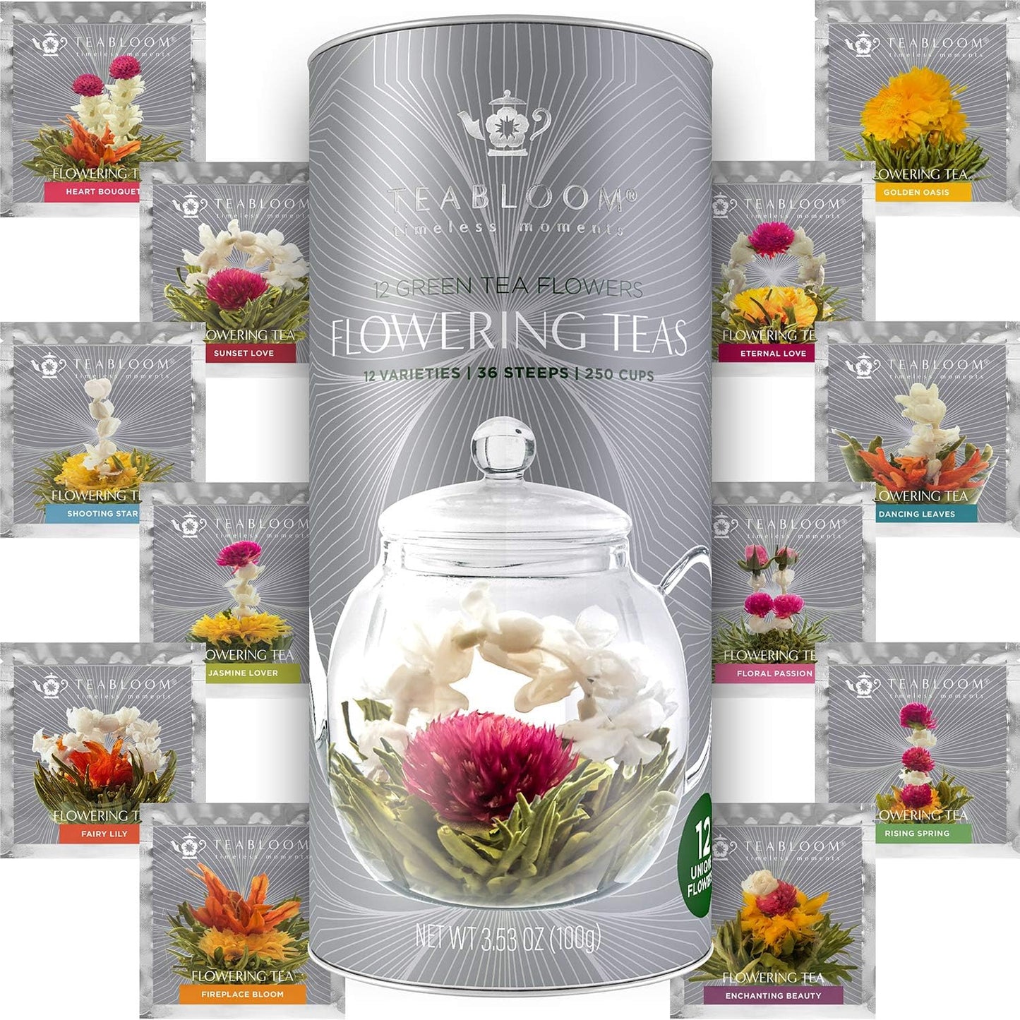 Teabloom Complete Tea Set – Glass Teapot (40 oz), Loose Tea Glass Infuser, 4 Insulated Glass Teacups, Tea Warmer, and 12 Flowering Teas – Elegant Blooming Tea Gift Set