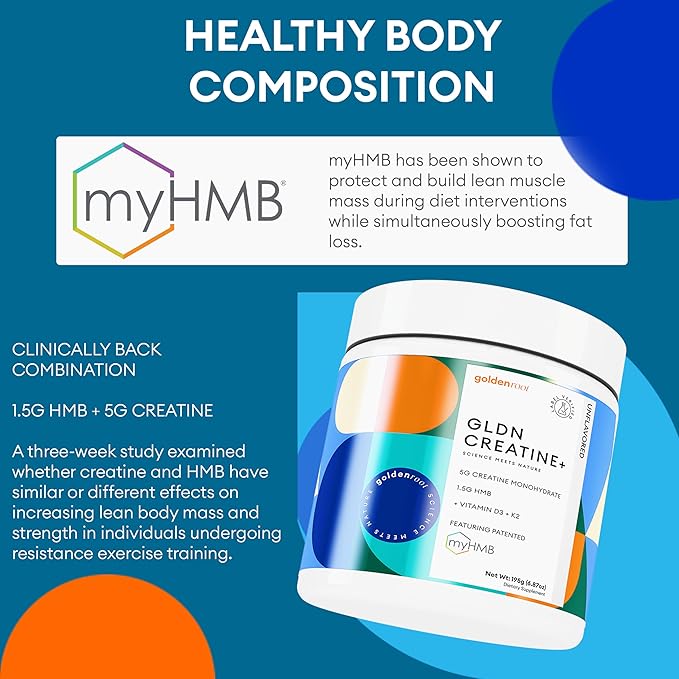 GLDN Creatine - Creatine Monohydrate with HMB for sustained Muscle Support and Recovery with Vitamin D3 and K2 for Bone and Joint Health - Unflavored - 30 Servings