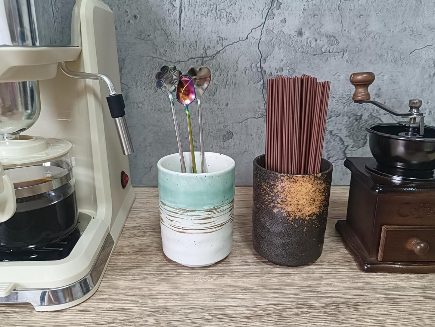 Stoneware Coffee Bar Utensil Holder Tea & Coffee Spoon & Stirrer Holder for Stir Stick Straw Teaspoon Holder Spoon Cup Small Utensil Jar (Green fields)