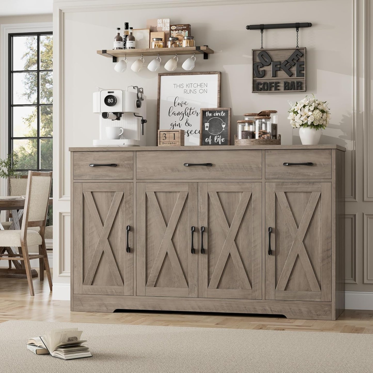 HOSTACK Buffet Sideboard Cabinet with Drawers, 55" Large Buffet Storage Cabinet with Shelves and Doors, Modern Farmhouse Coffee Bar Station for Kitchen, Dining Room, Ash Grey