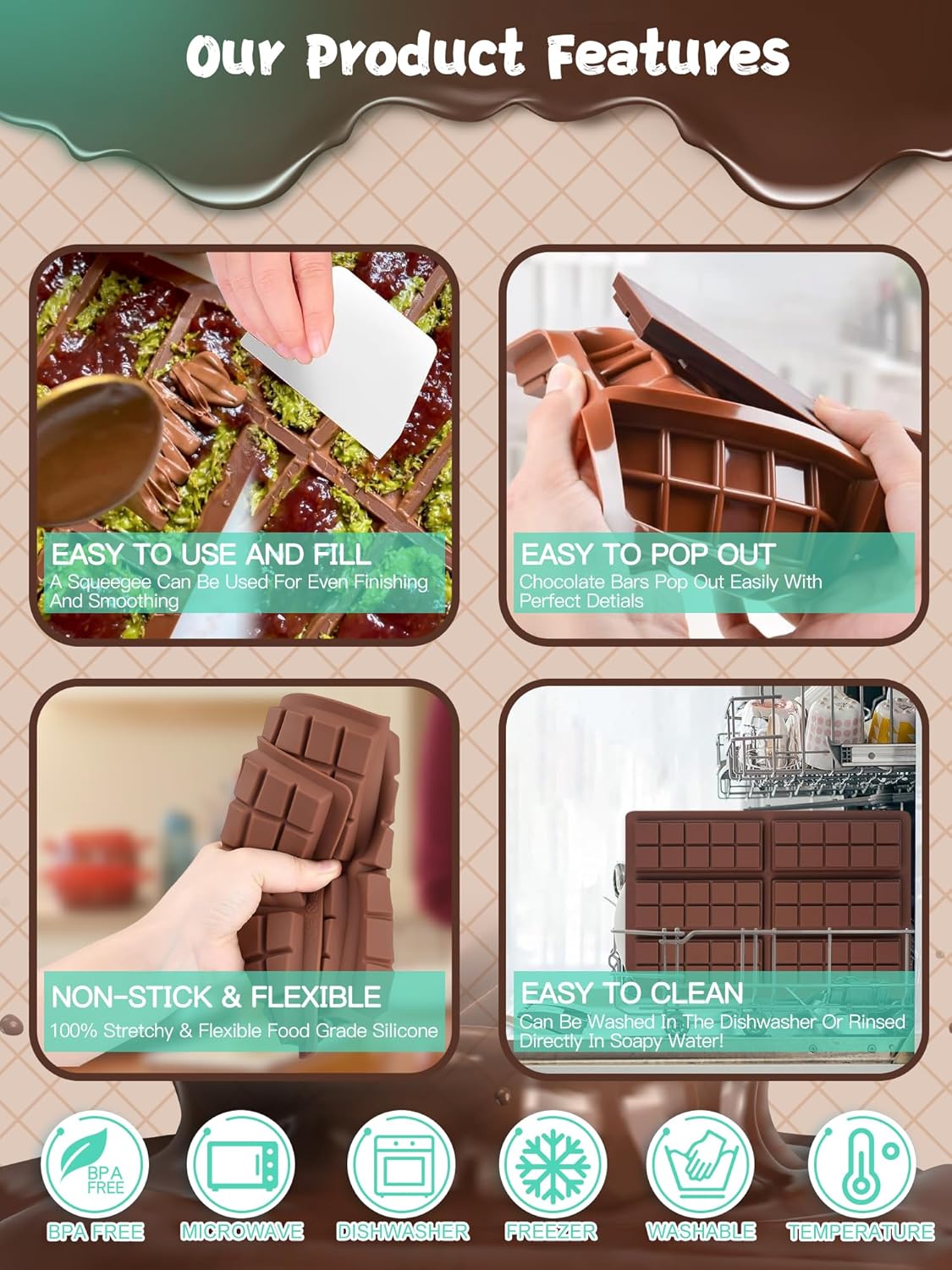 (120PCS) 6 Models Deep Chocolate Bar Mold - Food Grade Silicone Mold for Dubai Chocolate Bar Pistachio,With Recipes/Scraper/Wrapping Paper/Stickers