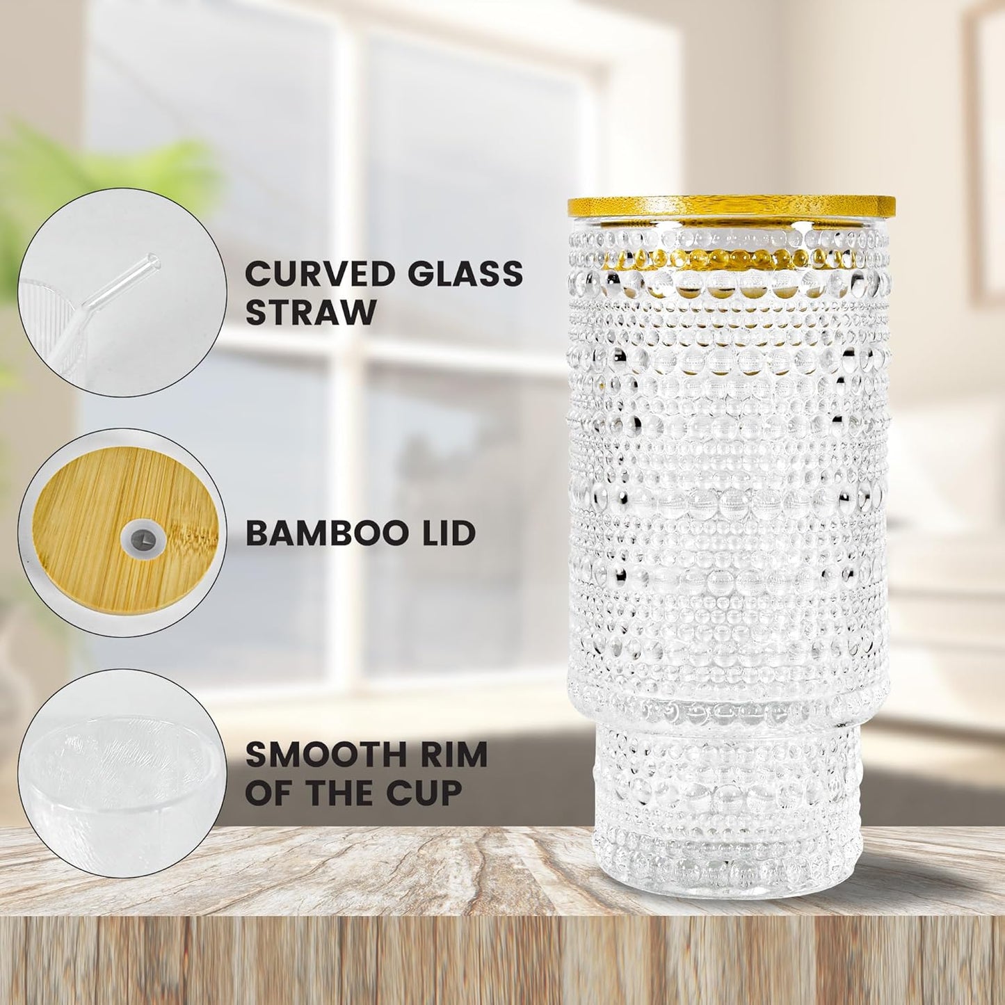 4 Pcs 11 oz Drinking Glasses Cups Set with Bamboo Lids Straws Brush Small Drinking Glassware Set for Juice Iced Coffee Cocktail Whiskey(Hobnail*4)