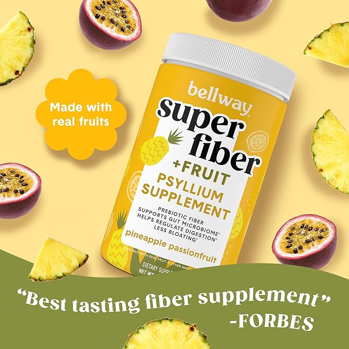Bellway Super Fiber Powder + Fruit (5 Pack), Sugar Free Organic Psyllium Husk Powder Fiber Supplement for Regularity, Bloating Relief & Gut Health, Plant-Based, Pineapple Passion Fruit (250 Servings)