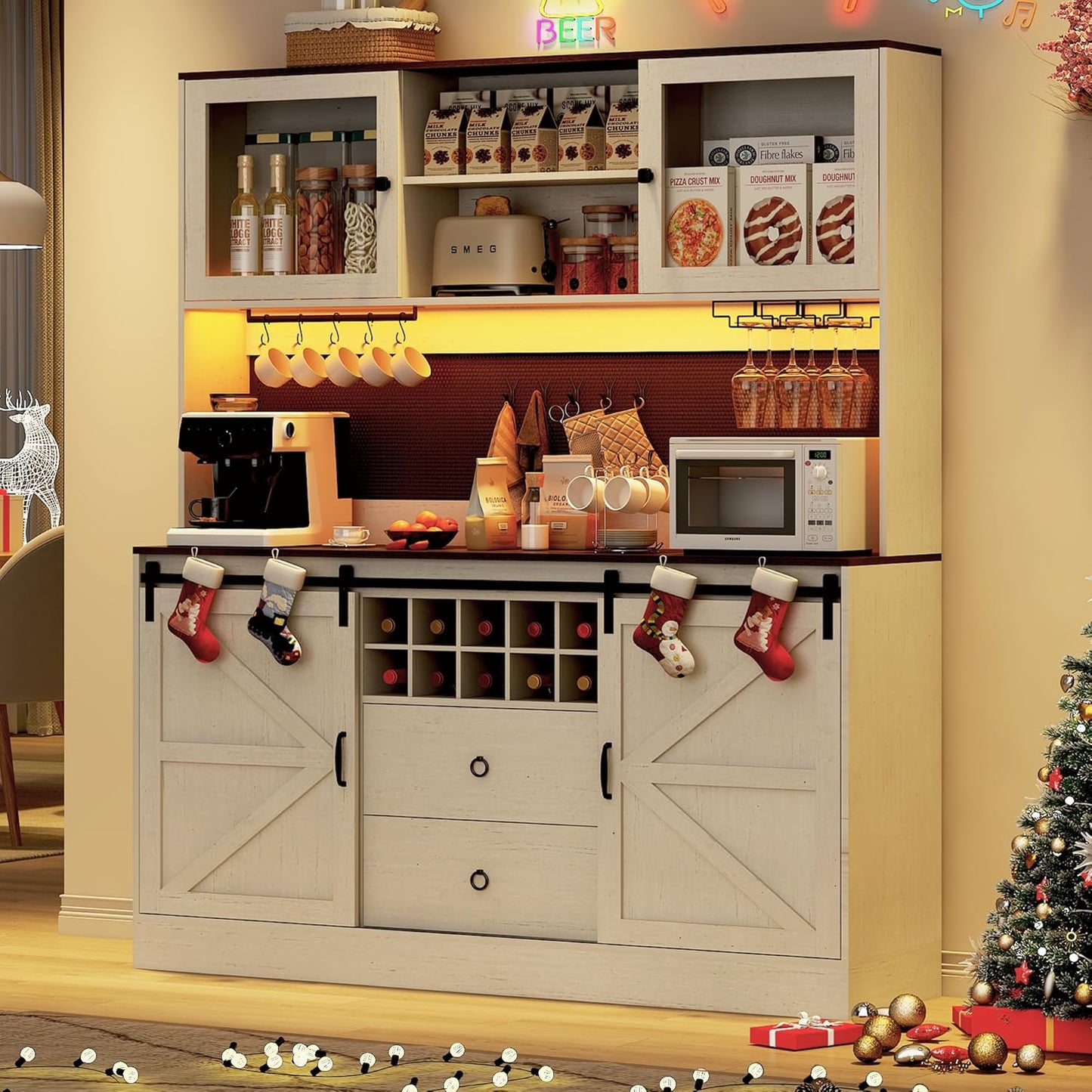 74" Tall 63" Wide Large Coffee Bar Cabinet w/Outlet,6000-color LED Light,Pegboard,Farmhouse Hutch Cabinet w/Barn Door,2 Big Drawers,Adjustable Shelves,10 Wine & Glasses Rack,5 Hook for Kitchen