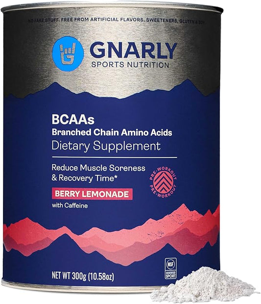 Gnarly Nutrition BCAA Powder - Pre-Workout BCAAS Amino Acids, NSF Sport Certified, Supplement to Support and Rebuild Muscle - Berry Lemonade, Caffeine (10.58oz)