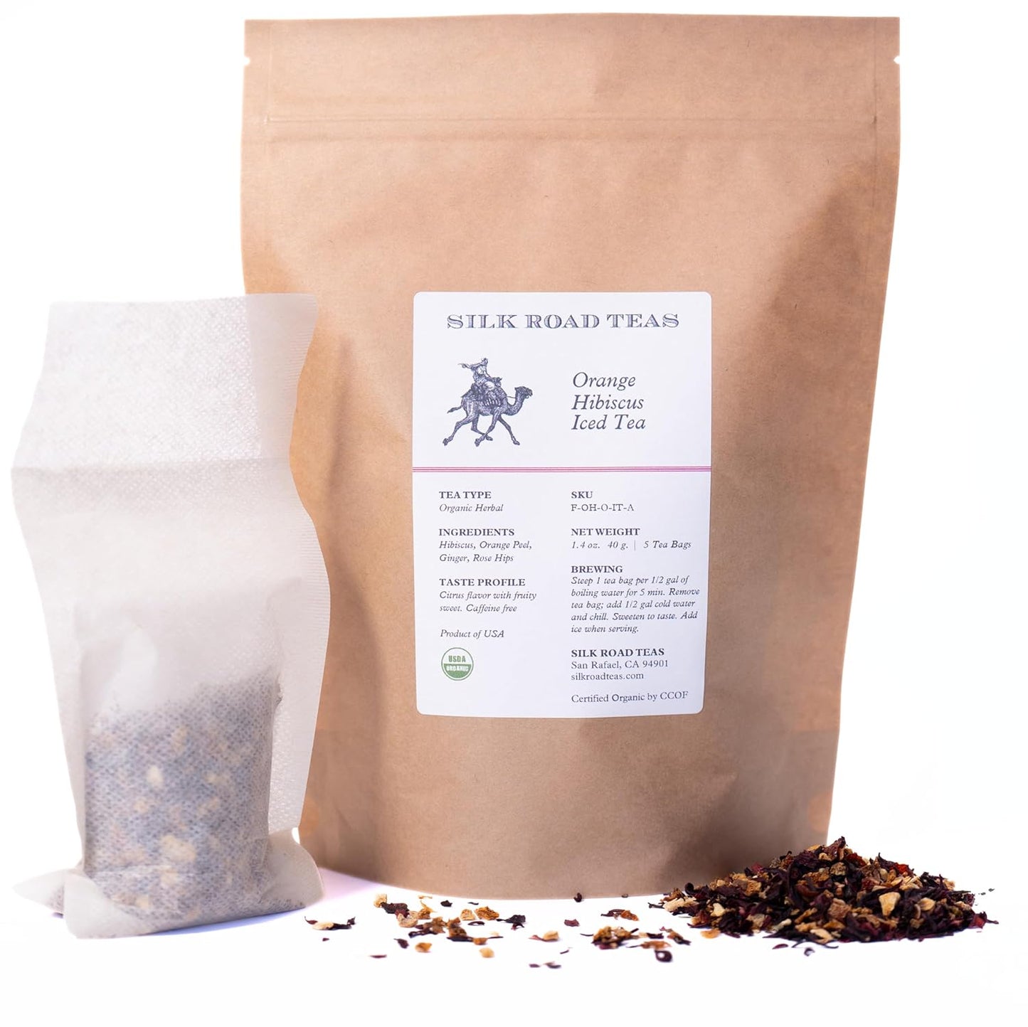 Silk Road Teas, Organic Orange Hibsicus Herbal Iced Tea, Tart Citrus & Floral Blend, Unsweetend, Caffeine-Free, 5 Gallon-Sized Tea Bags.