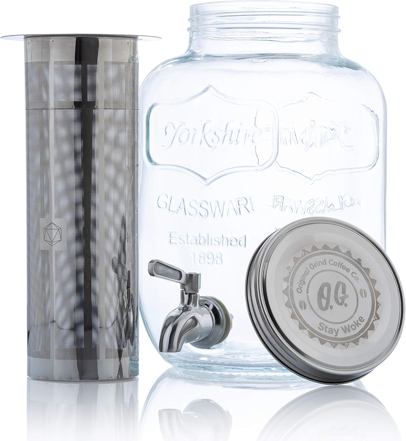 Original Grind Coffee Co.,1 Gallon Cold Brew Coffee Maker,Easy Pour Stainless Steel Spigot Tap,Extra Thick Glass Pitcher Brewing System Iced Coffee Maker,Refrigerator Safe Storage