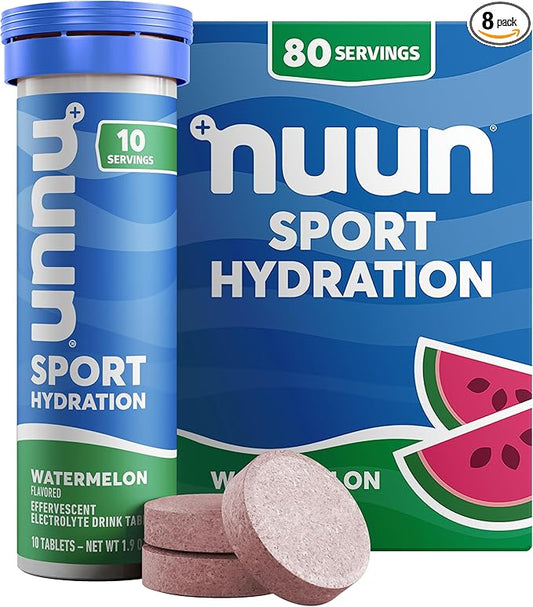 Nuun Sport Electrolyte Tablets - Dissolvable in Water, Watermelon, 5 Essential Electrolytes for Hydration, 1g Sugar Drink Mix, Vegan, Non-GMO, 8 Pack (80 Total Servings)