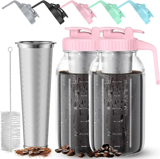 Cold Brew Coffee Maker Jar - 2 Pack 64 oz Glass Cold Brew Maker with Handle, Stainless Steel Filter & Leak-Proof Lid, Heavy Duty Cold Brew Pitcher for Iced Coffee, Sun Tea, and Milk
