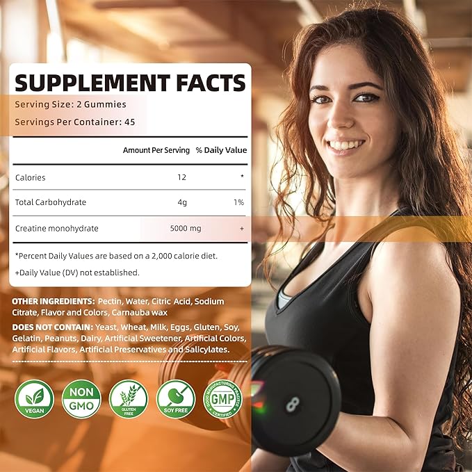 Creatine Monohydrate Gummies 5g for Men Women - Sugar Free Chewable Supplement. 90 Gummies Orange.