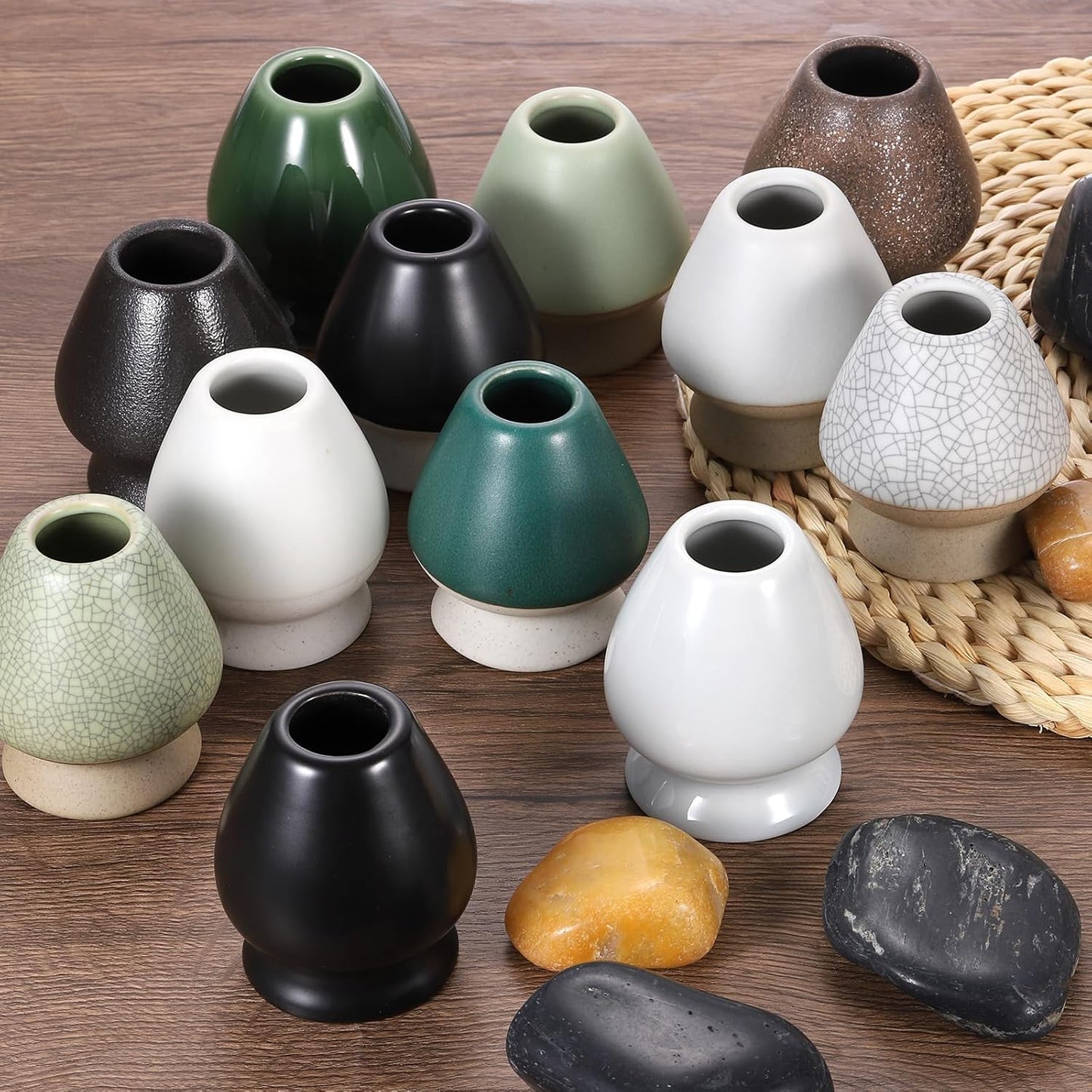 HARFINGTON Ceramic Chasen Stand 73mm Matcha Whisk Holder Teas Set Whisks Stand Traditional Matcha Tea Chasen Holder Tea Set Accessories for Tea Tasting, Yellow White