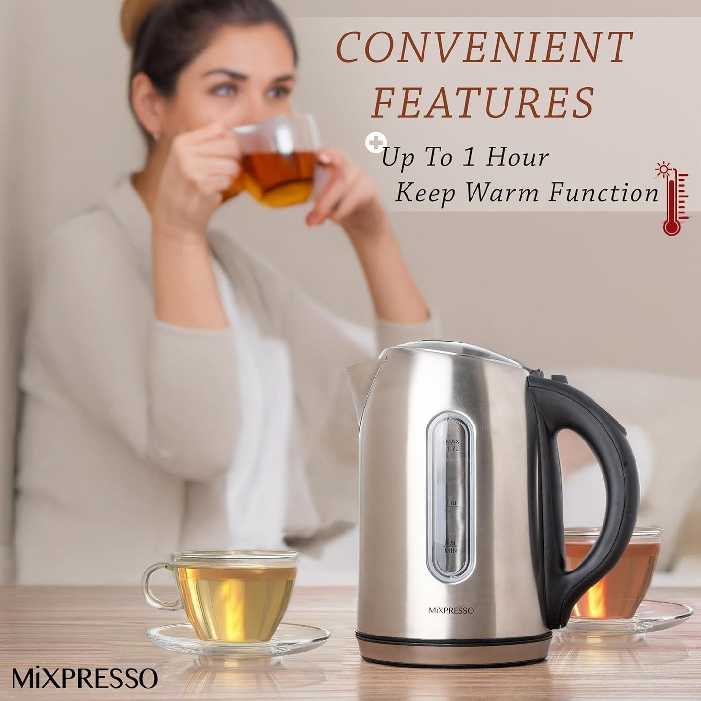 Mixpresso Stainless Steel Electric Kettle, Cordless 1.7L Electric Kettle Temperature Control,1500W Electric Tea Kettle with Viewing Window 2 Hr Keep Warm, Water Boiler with Auto-Off, Boil-Dry System