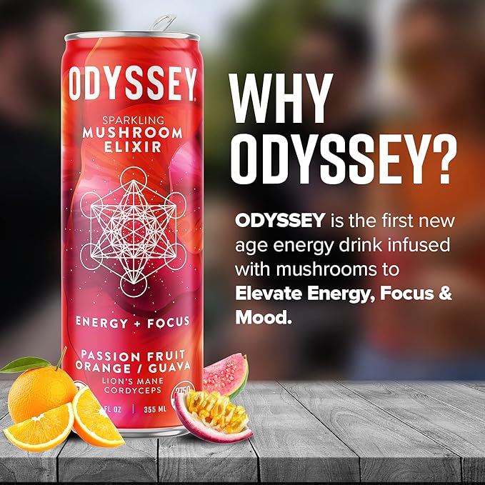 Odyssey Elixir Functional Beverage - Adaptogen Drink with Lions Mane, Cordyceps, L Theanine & Green Tea Caffeine - for Cognition, Energy & Mood Boost - 0 Added Sugar - Variety Pack - 12 Fl oz, 12 Pack