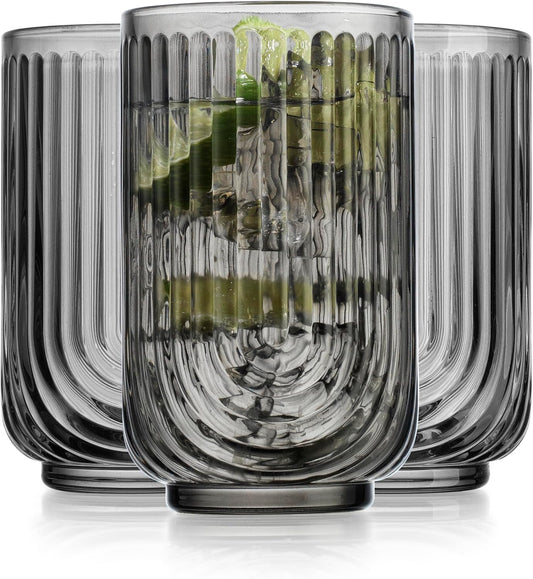 Vintage Glassware Art Deco Highball Glasses Set of 4 Smoke Ribbed Drinking Glasses 17 Oz Black U-Shape Arch Design Colored Cocktail Kitchen Tumblers