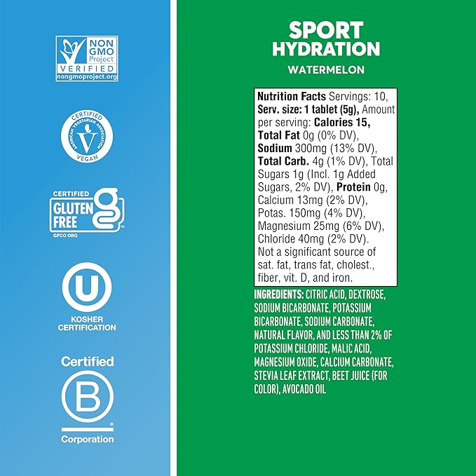 Nuun Sport Electrolyte Tablets - Dissolvable in Water, Watermelon, 5 Essential Electrolytes for Hydration, 1g Sugar Drink Mix, Vegan, Non-GMO, 8 Pack (80 Total Servings)