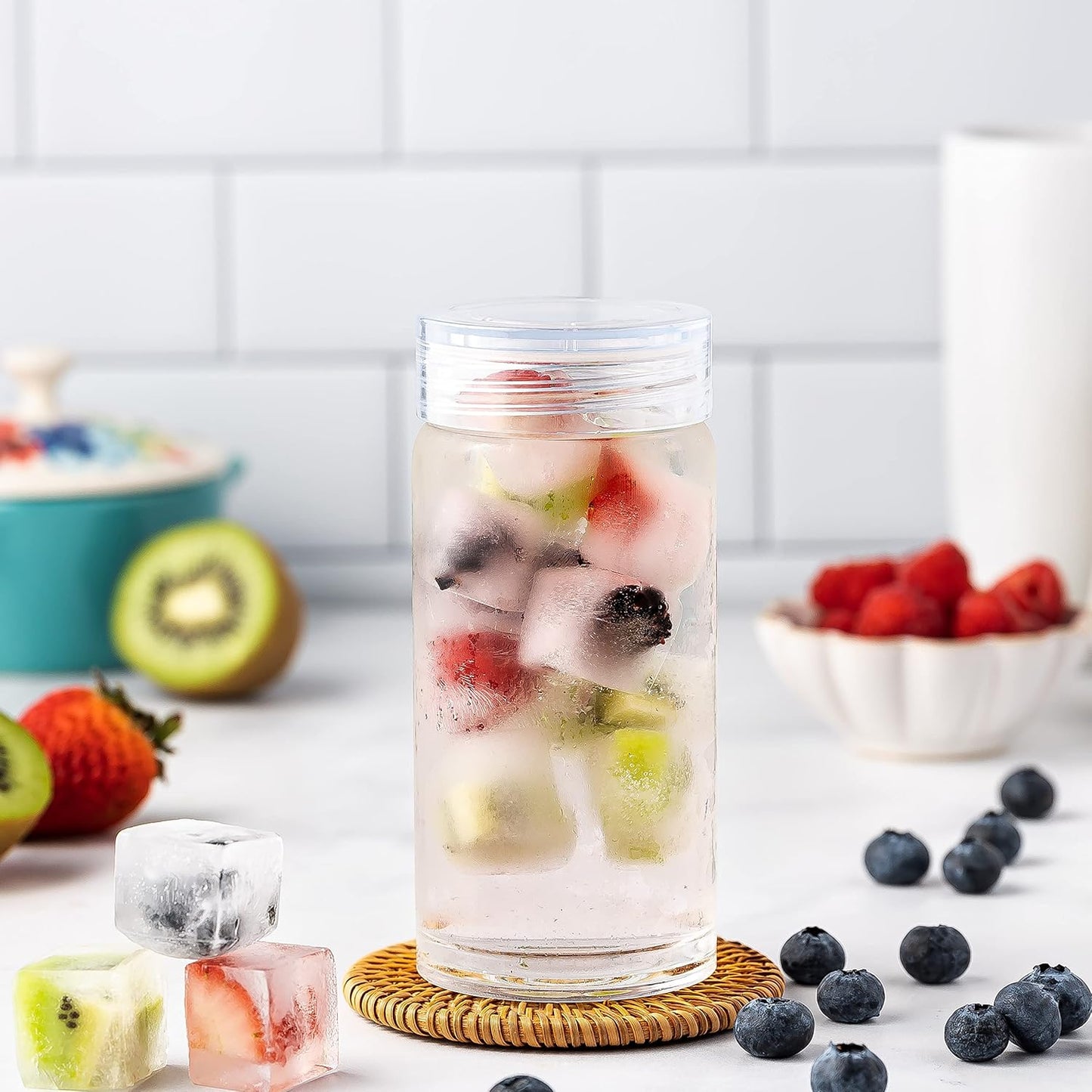 Glass Water Bottles - 4 Pack Wide Mouth Juice Bottles with Clear Lids for Juicing, Smoothies, Fruit Water, Teas, Beverage Storage - 10oz, Leakproof, Reusable, Borosilicate