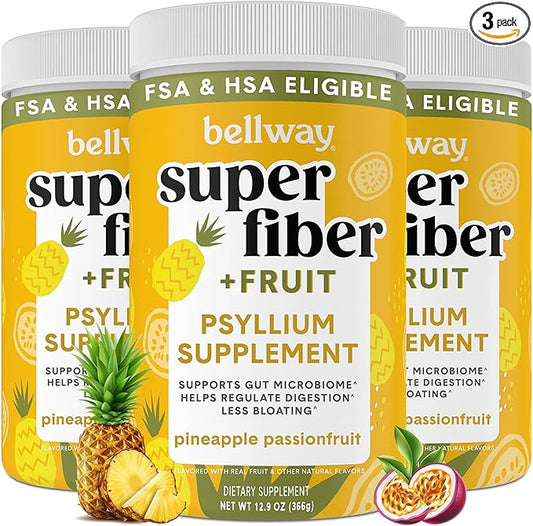 Bellway Super Fiber Powder + Fruit (3 Pack), Sugar Free Organic Psyllium Husk Powder Fiber Supplement for Regularity, Bloating Relief & Gut Health, Plant-Based, Pineapple Passion Fruit (150 Servings)