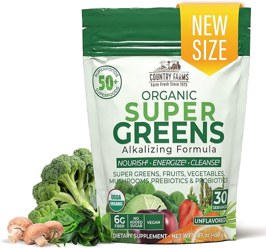 COUNTRY FARMS Super Greens Natural Flavor, 50 Organic Super Foods, USDA Organic Drink Mix (Wheat Grass, Spirulina, Chlorella) Mushrooms & Probiotics, Fiber, Gut Health, Natural Energy, 30 Servings