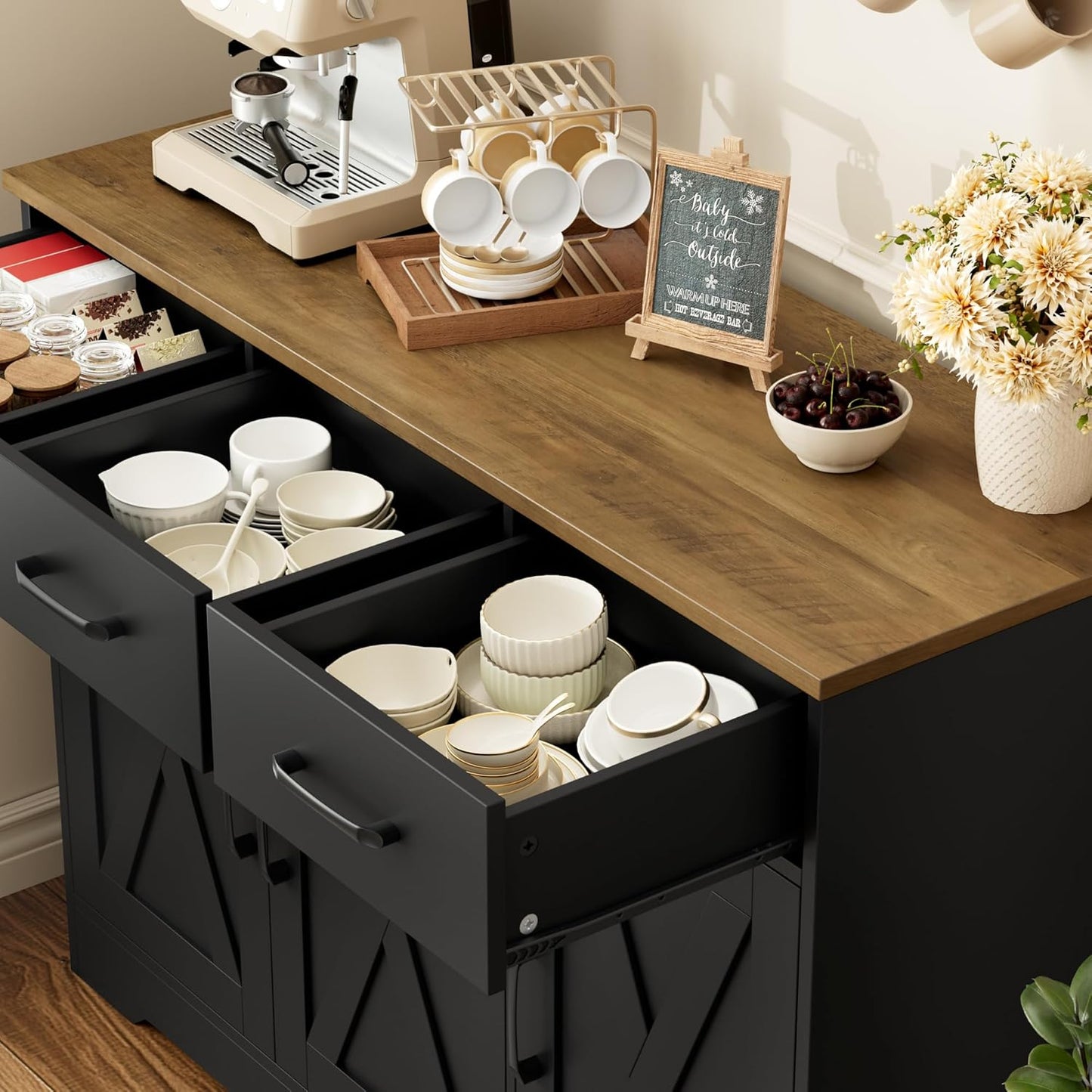 HOSTACK Modern Farmhouse Buffet Sideboard Cabinet, Barn Doors Storage Cabinet with Drawers and Shelves, Wood Coffee Bar with Storage for Dining Room, Kitchen, Living Room, Black/Rustic Brown