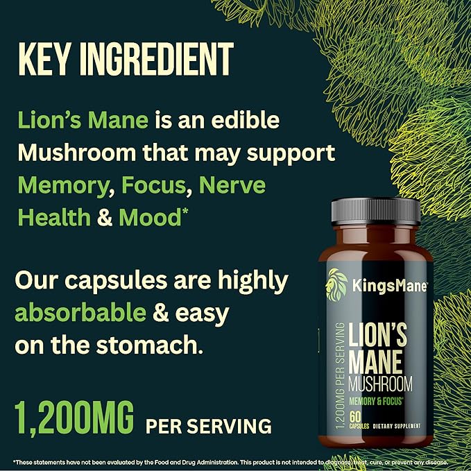 KingsMane™ Organic Lion's Mane Mushroom Supplement, Memory, Focus, & Clarity Brain Support, 1200mg, 60 Capsules