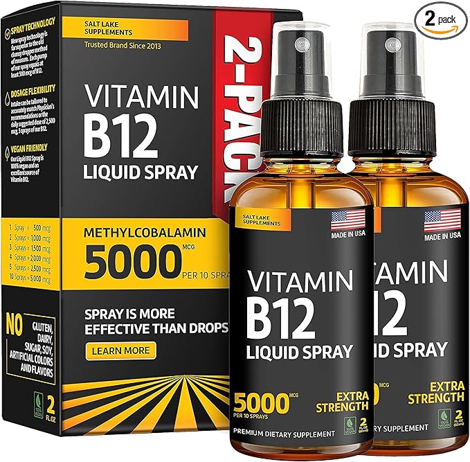 (2 Pack) - Liquid B12 Spray 5000 mcg - Vitamin B12 Sublingual - Vegan B12 Vitamin Spray - Methylcobalamin Vitamin B12 Liquid Boosts Energy & Mood - Gluten-Free & Non-GMO-HarmonyPath Wellness