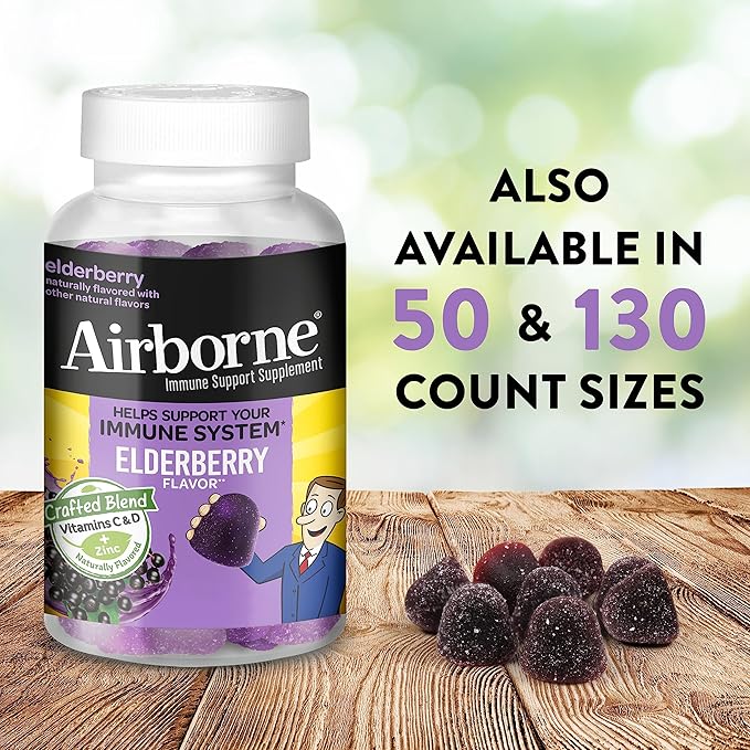Airborne Elderberry + Zinc & Vitamin C Gummies for Adults, Immune Support with Antioxidants Vitamins C, D & E, 130 Count, Elderberry Flavor