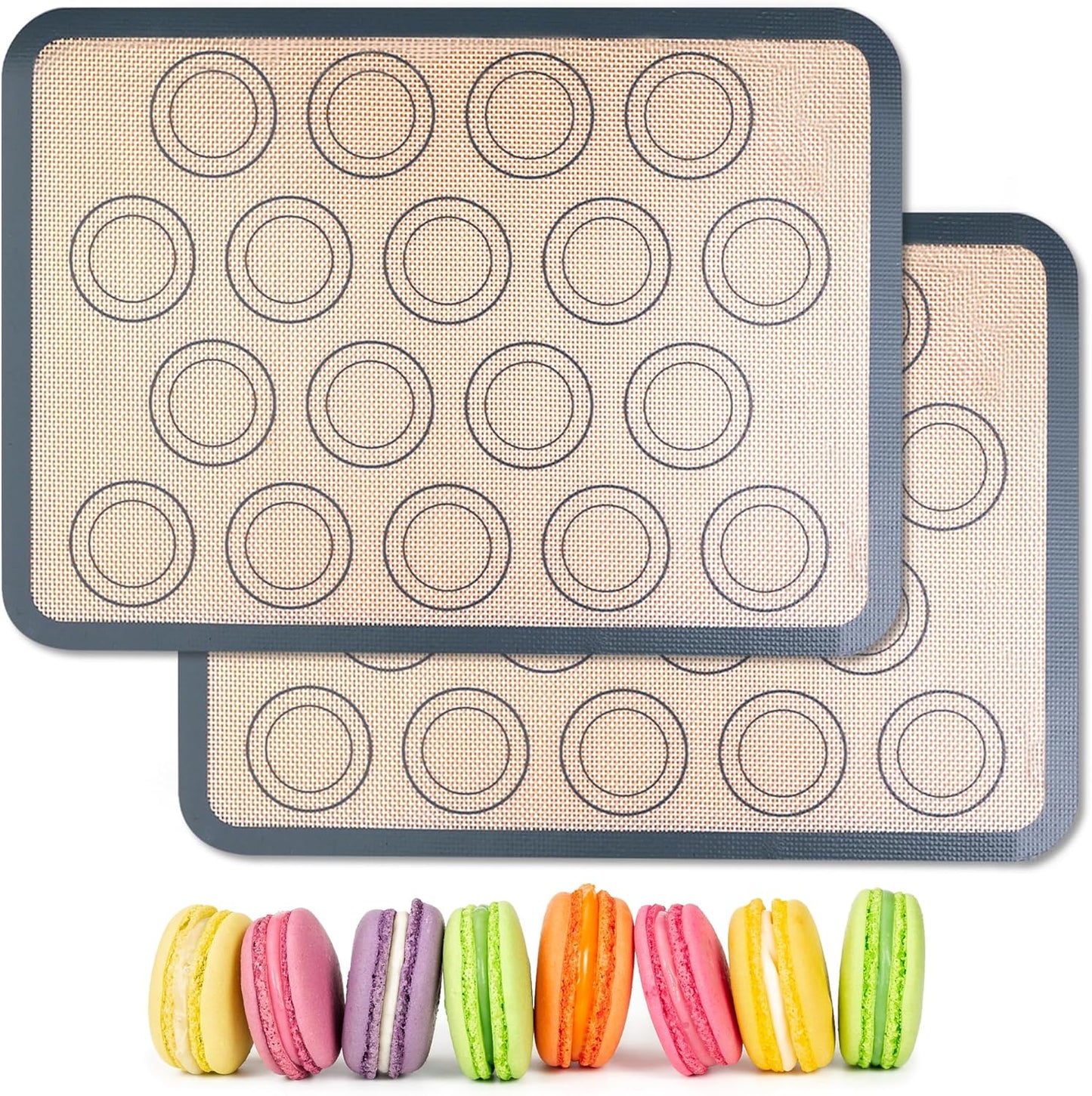 HOOMIL Macaron Silicone Baking Mats 2-Pack, 13" x 9" Quarter Sheet Size Macaron Silicone Mat, Non-Stick, Reusable, Food Safe Baking Mat - Brown+Gray