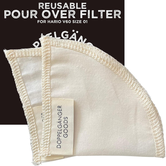 (2-Pack) Reusable Organic Cotton Filters for Hario V60 and Origami Style Pourover Coffee Filters, Ceramic Cup, Glass, Plastic Dripper (Size 01, 1-2 Cups)