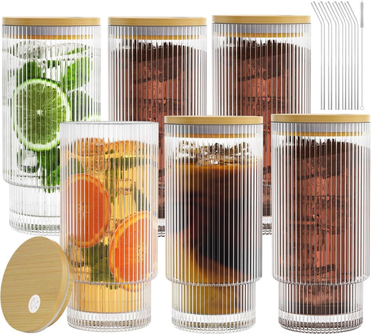 16OZ Ribbed Glass Cups with Lids and Straws,Iced Coffee Cups with Bamboo Lid,Vintage Glassware for Whiskey Cocktail Beer Fruit Juice Glasses Tumbler(6 Pack)