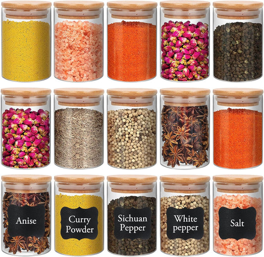 8 oz Glass Jars With Bamboo Lids - Borosilicate Airtight Canisters, Food Storage Container, Pantry Organization, Kitchen Sets, Spice Containers - Set of 15