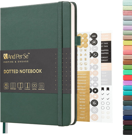 &And Per Se Dotted Journal Notebook, A5 Hardcover Leather Bullet Dotted Journal, 160 Pages 100 gsm Thick Dotted Paper，3 Sheets of Stickers Included - 5.7'' x 8''（Green）