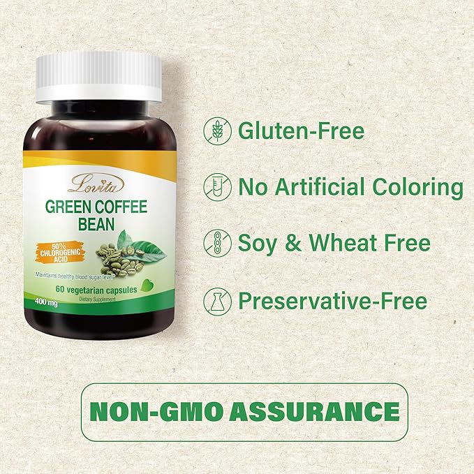 Lovita Green Coffee Bean Extract: Natural Antioxidant, High Potency - 1600mg Equivalent, 50% Chlorogenic Acid, Vegan-Friendly Dietary Supplement - 60 Capsules (Pack of 3)