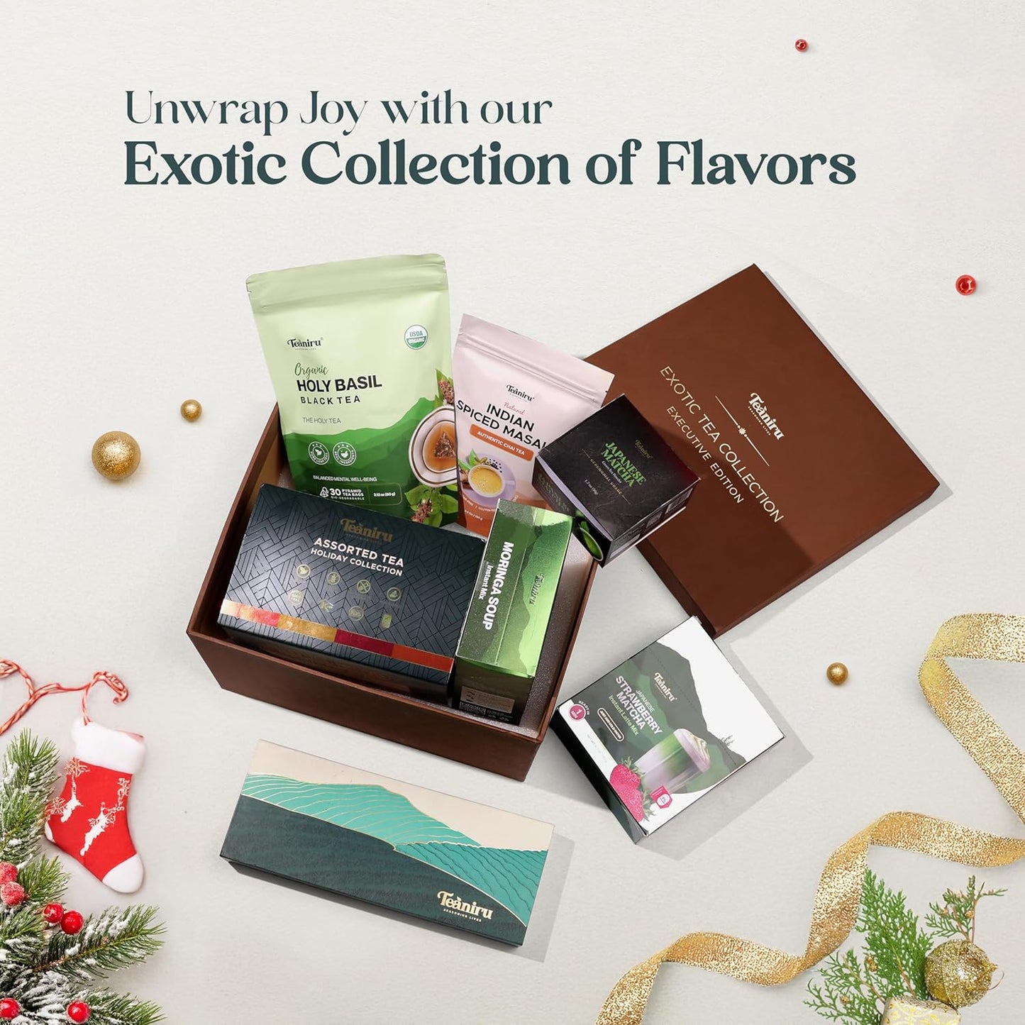 Teaniru, Exotic Collection-Christmas Gift Box | Holiday Flavored Teas, Moringa Soup, Strawberry Matcha Latte, Spiced Masala Chai, Assorted Loose Leaf Teas, Holy Basil Tea & Ceremonial Matcha
