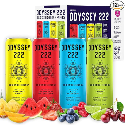 Odyssey 222 Energy Drink, Pre Workout, 222mg Caffeine, Clean Energy Drinks, L Theanine, Lions Mane, Cordyceps & Green Tea for Energy, Focus & Mood Boost, Low Calorie, Variety Pack, 12 Fl oz, 12 Pack