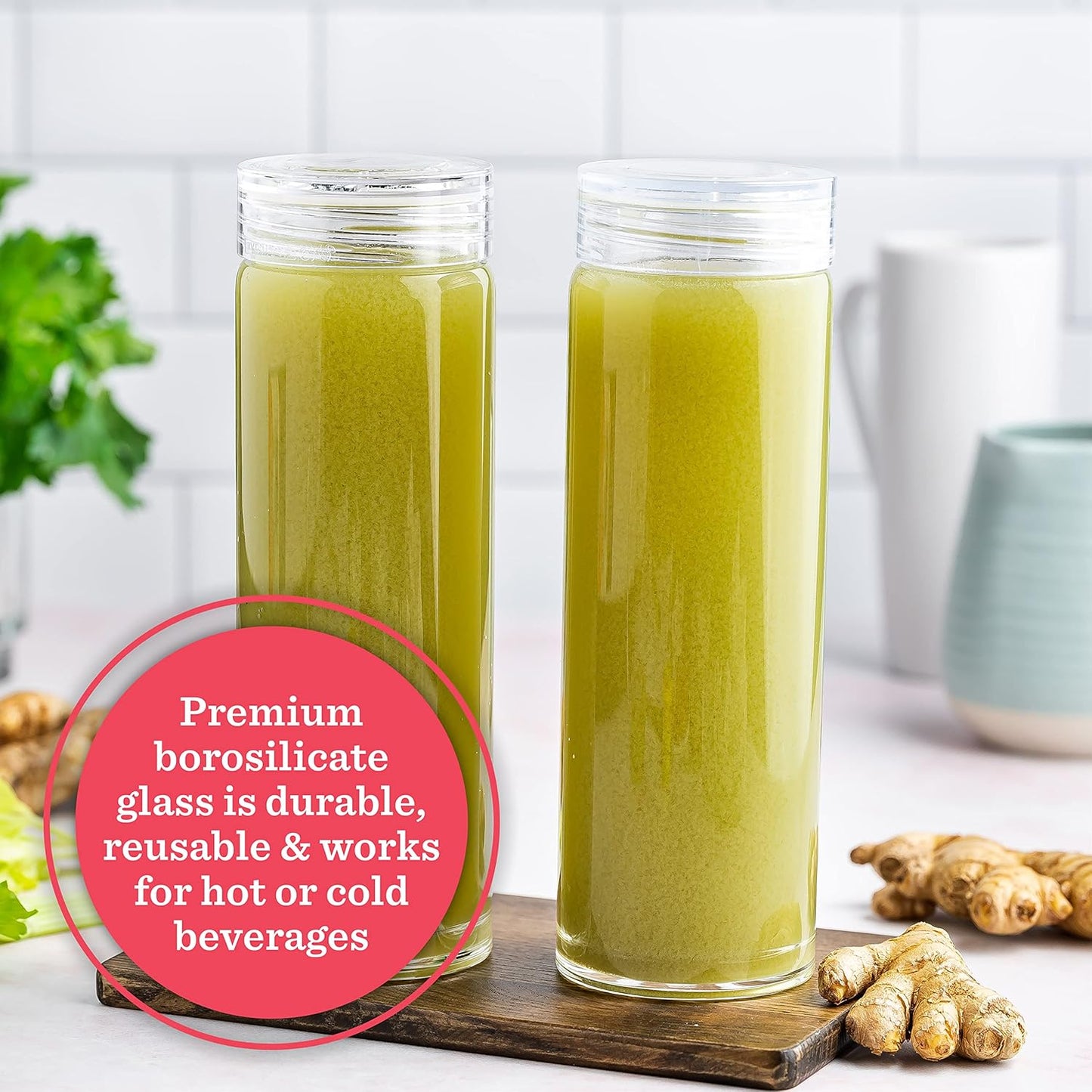 Glass Water Bottles - 4 Pack Wide Mouth Juice Bottles with Clear Lids for Juicing, Smoothies, Fruit Water, Teas, Beverage Storage - 16oz, Leakproof, Reusable, Borosilicate