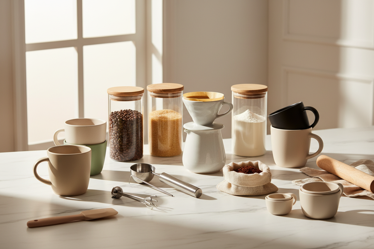 Accessories & Extras: Stylish mugs, storage solutions, and kitchen gadgets that make every coffee and baking session a delight. (make it real photo)